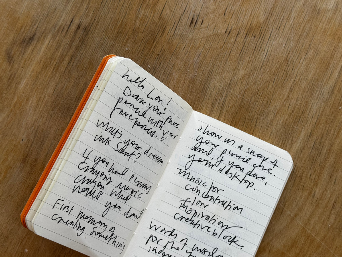Open notebook with handwritten text on a wooden surface