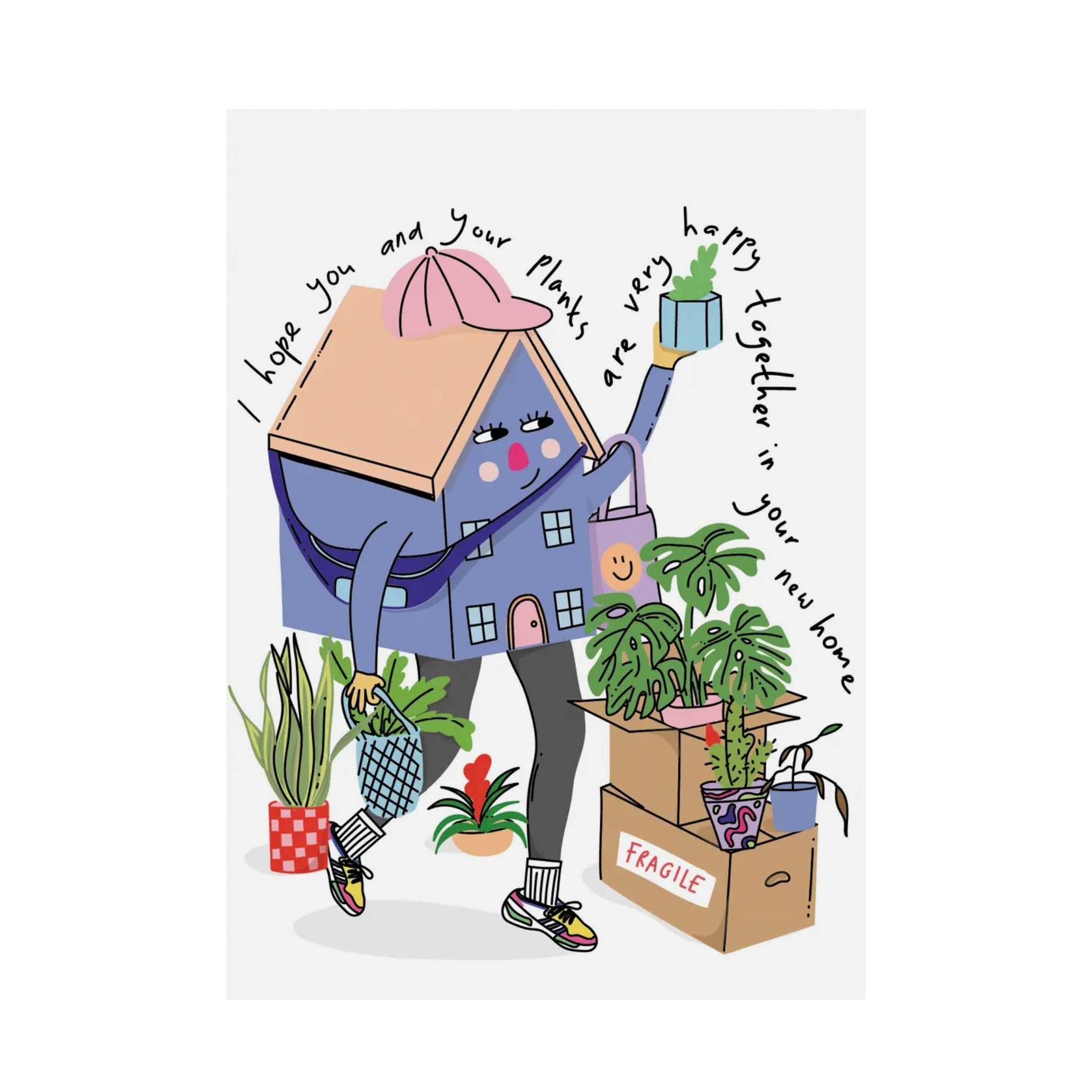 House warming card for a new home with cute illustration of blue house and plants.