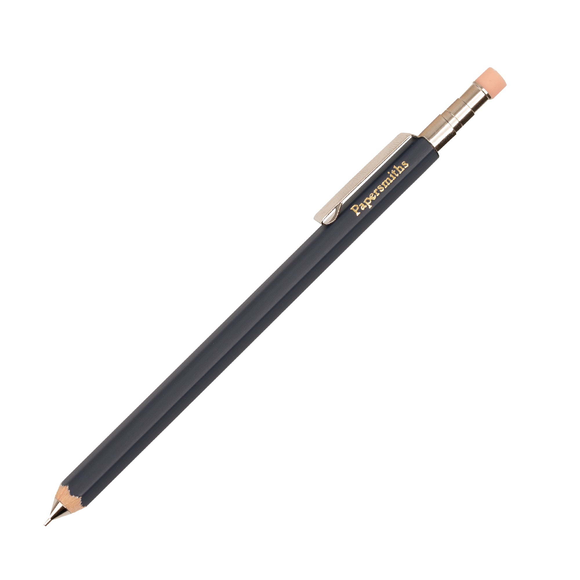 Navy pencil with a silver tip on a white background