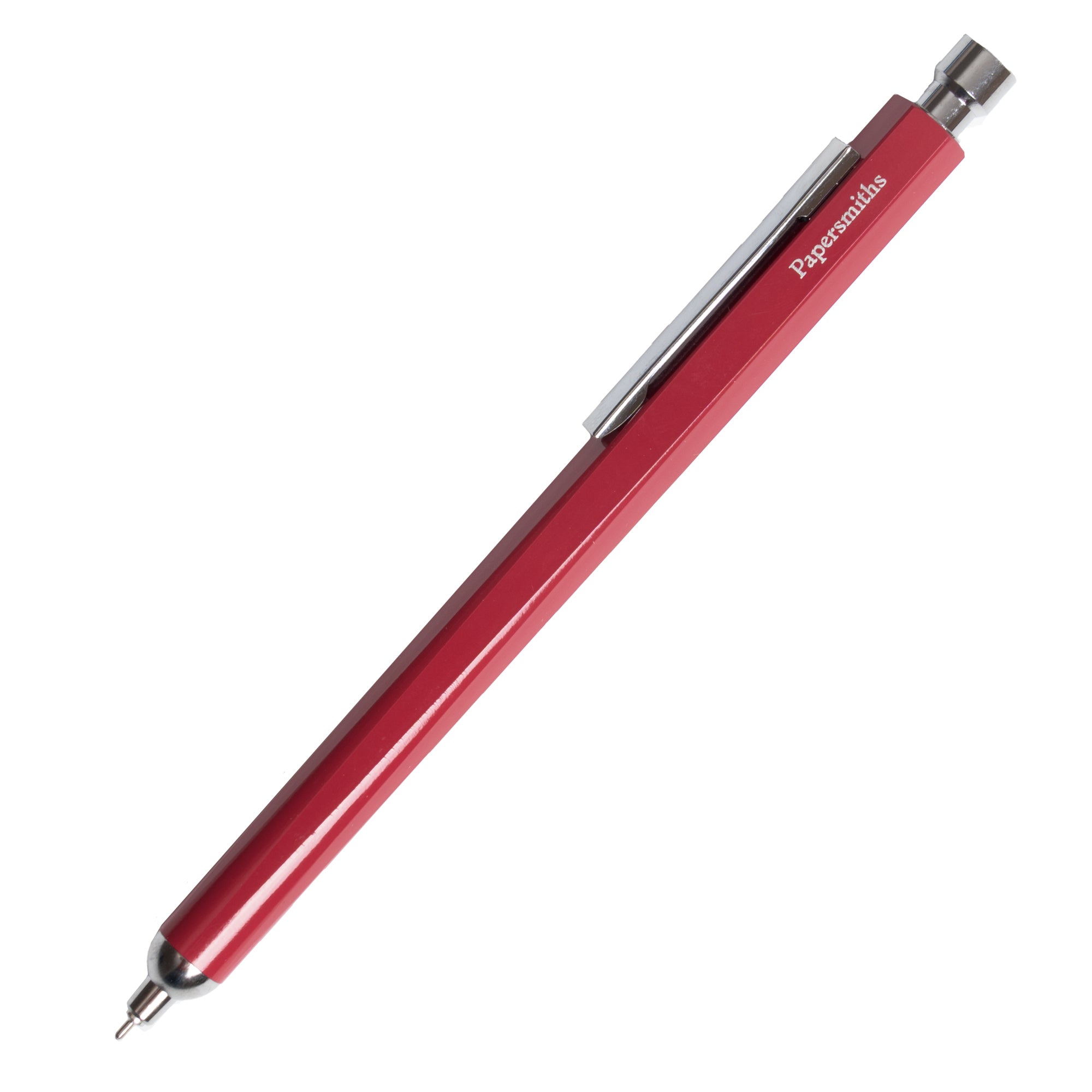 A red mechanical pencil with a silver clip and metal tip, featuring the brand name 'Papermils' printed in white on the barrel, set against a plain white background.
